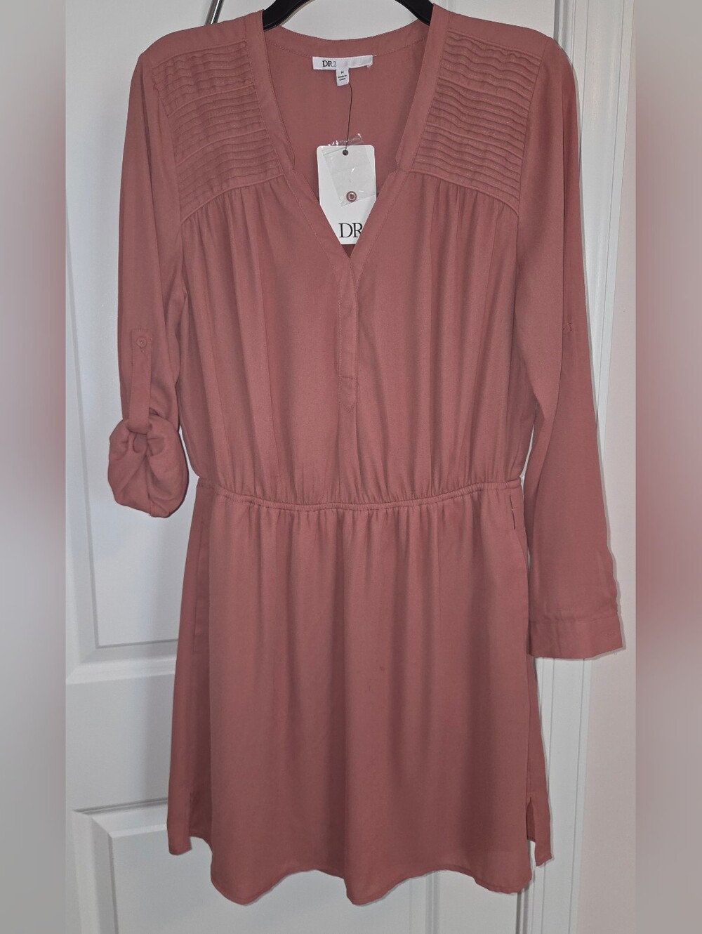NWT DR2 Mauve Pink Pintuck Roll-Tab Sleeve Elastic Waist Dress - Size M